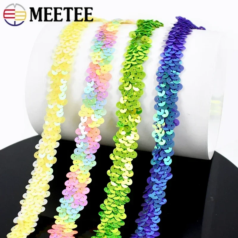 5/10/25Meters Meetee 2cm Sequins Strech Lace Ribbons Gold Silver Elastic Trims for Dance Dress Paillette DIY Sewing Accessories