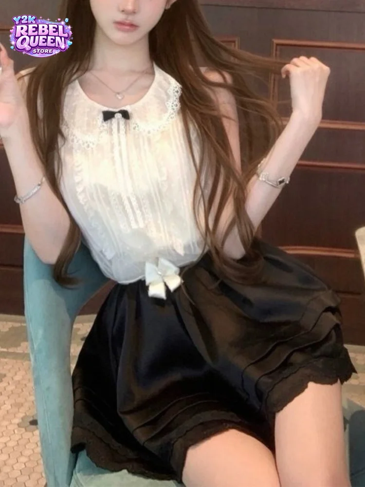 

French Chic Elegant Women Slim Fit 2 Piece Set Lace Bow Doll Collar Sleeveless Top + High Waist Ruffle Mini Skirt Party Outfit