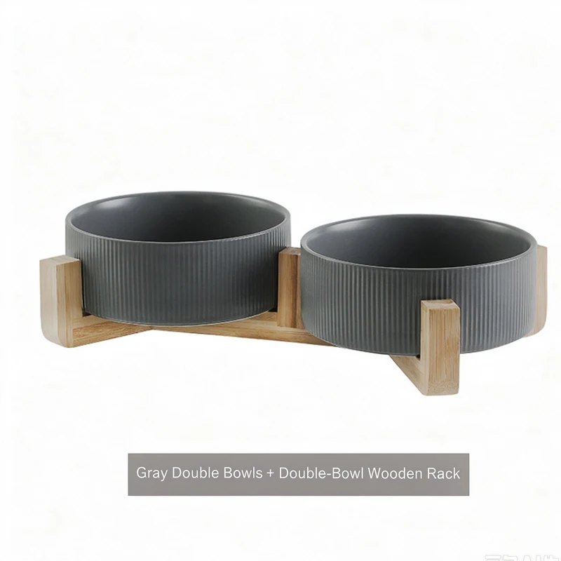 1/2Pcs Pet Ceramic Bowl with Integrated Wooden Stand, Anti-Spill Cat Dog Double Bowl, Food Water Feeder, Gift Option