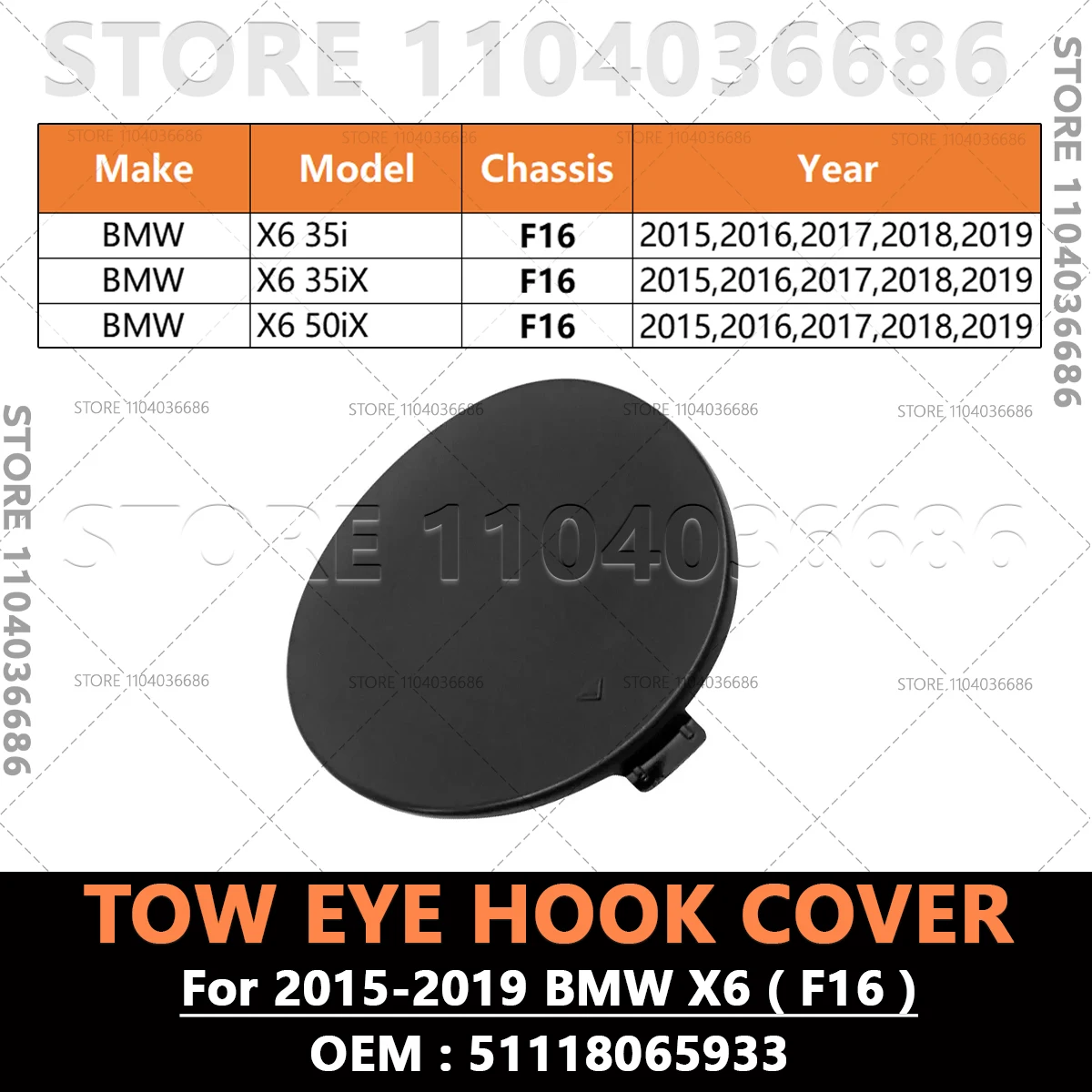 For 2015 2016 2017 2018 2019 BMW X6 35i 35ix 50ix (F16) Front Rear Bumper Tow Eye Hook Cover 51118065933