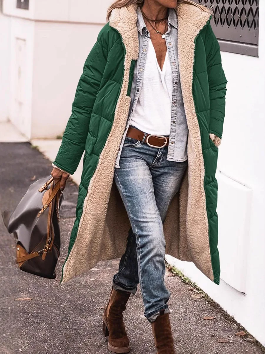 Women's Slim Fit Hooded Jacket Autumn Winter Outerwear Thick Velvet Double-Sided Warm Cotton Solid Color Long Medium-Length
