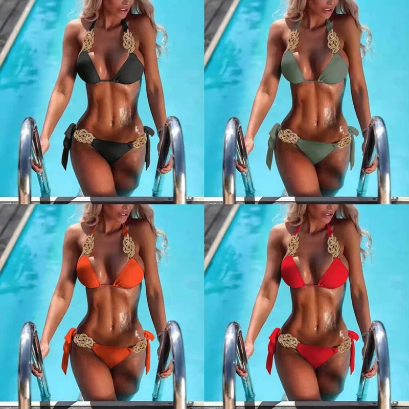 

New bikini Solid color two-piece swimsuit Sexy hand-knitted women's swimwear in stock