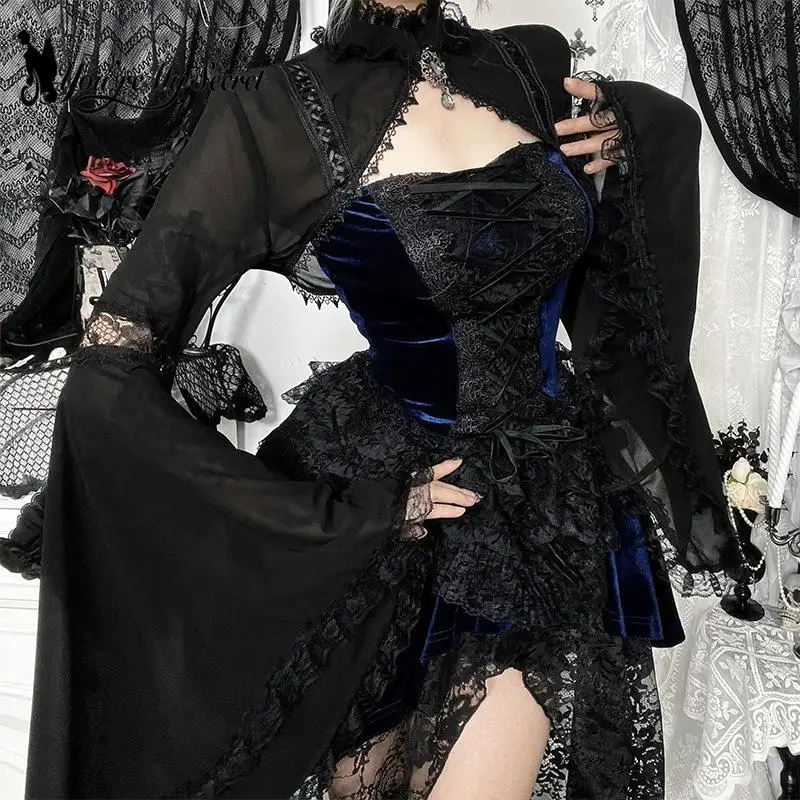 

[You're My Secret] Vintage Black Lace See Through Sexy Top Women Gothic Style Bell Sleeve Blouse Tops Party Women's Clothing