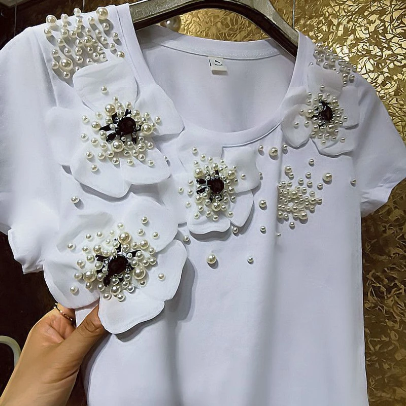 Fairy O-Neck Rhinestone Beautiful Pearls Beadeded Tees Luxury Crystal 3D Flowers Cotton T-shirts Short Sleeve Jumpers Crop Tops