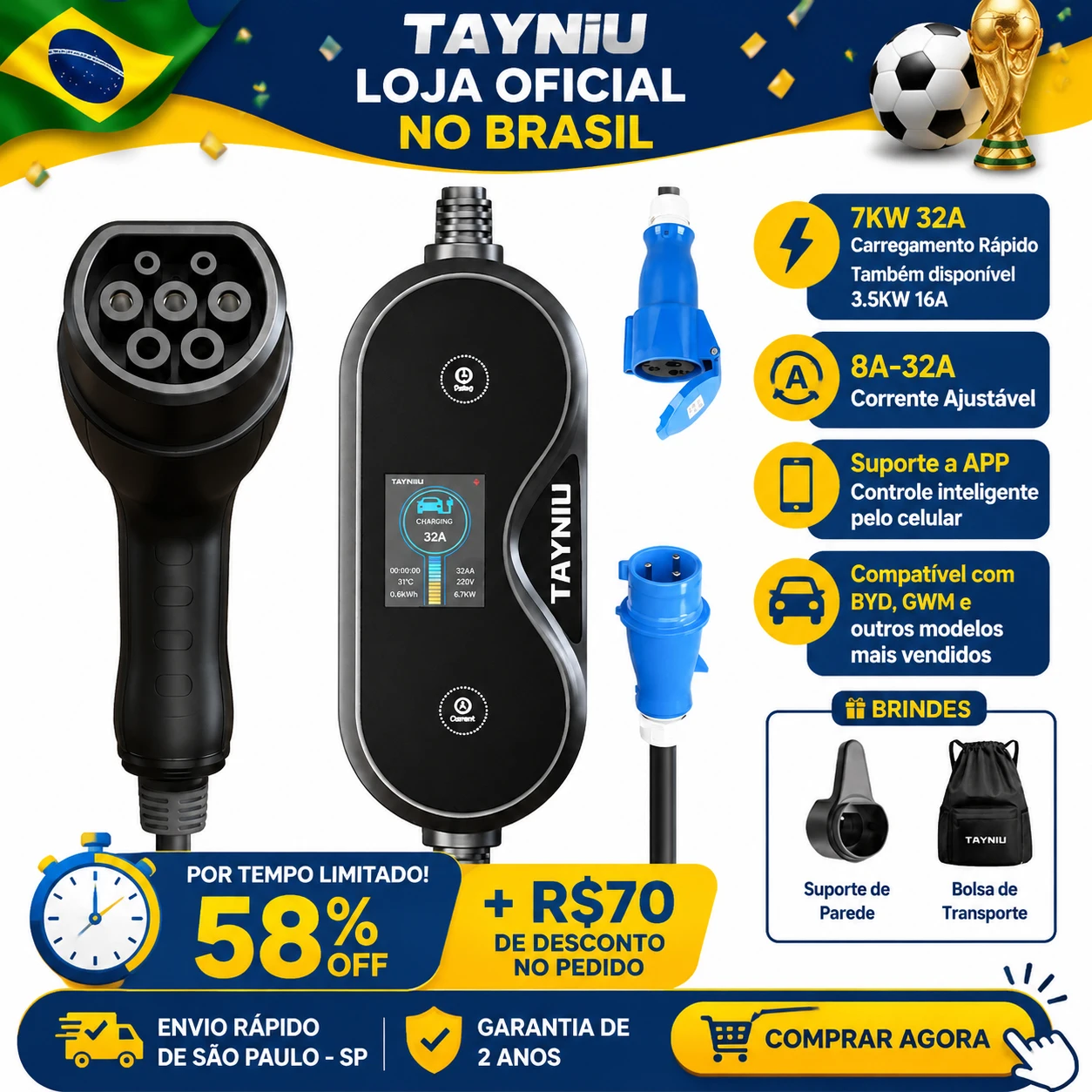 Carregador de Carro Elétrico Tayniu 7kW 32A com Controle Por App, Wallbox Tipo 2 - imagem 1