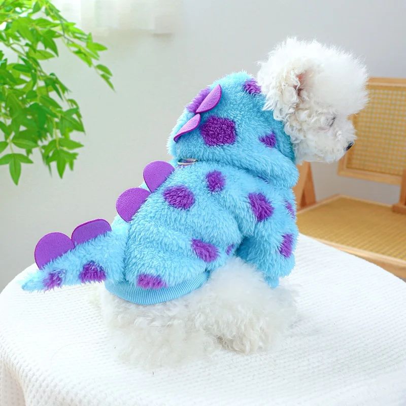 

Small And Medium-sized Dog Clothes With Velvet Warm And Comfortable Short Flower Dinosaur Hooded Coat Pet Clothes