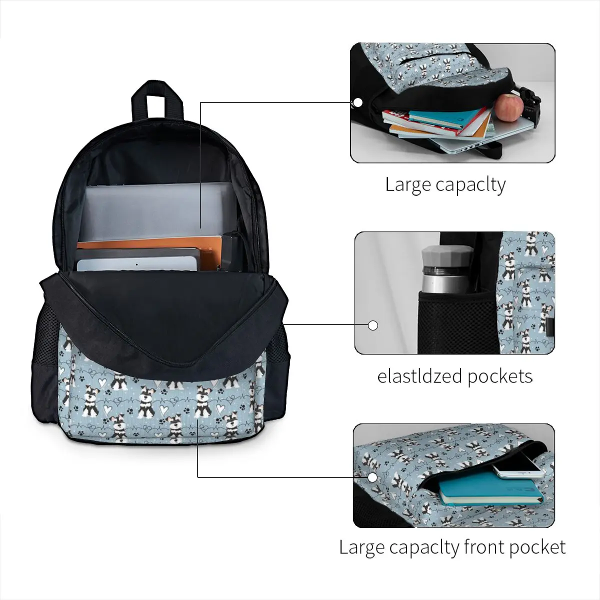 Love zaini Schnauzer in miniatura in bianco e nero ragazzi ragazze Bookbag studenti borse da scuola bambini zaino da viaggio borsa a tracolla