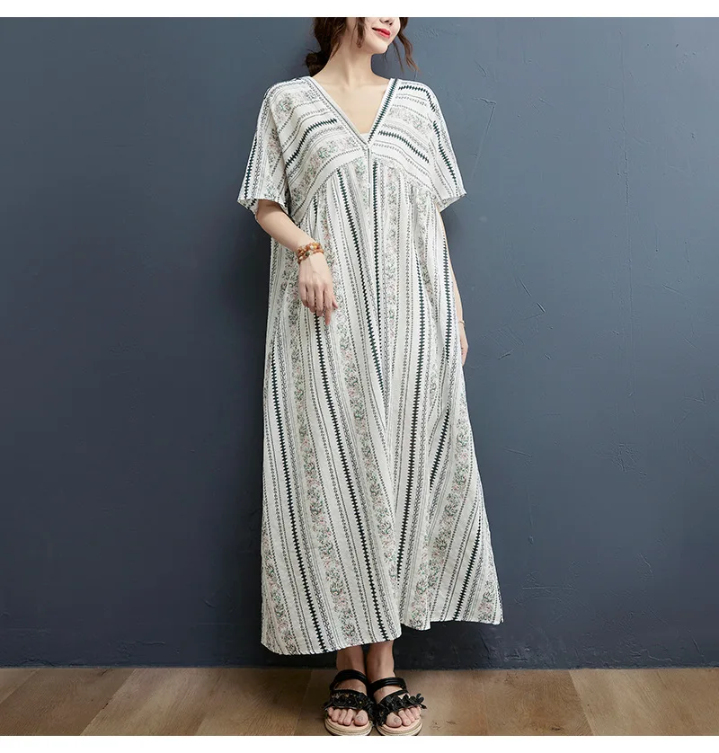 X2013 Bohemina Summer Dress Large Size Women Retro Stripe Florals V Neck Printed Short Sleeve Cardigan Long Dresses