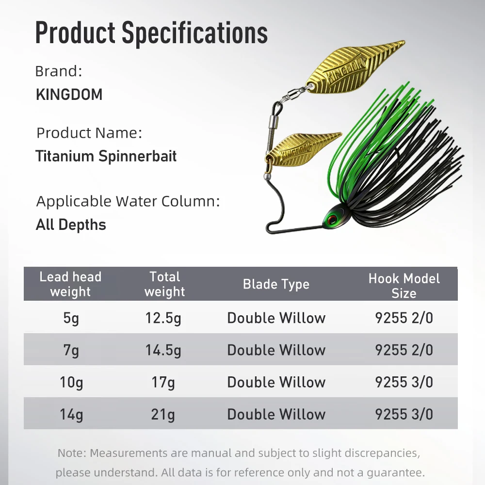 KINGDOM Titanium Spinnerbait Fishing Lure Double Blade Metal Spinner Bait Skirted Bass Pike Fishing Tackle 5g 7g 10g 14g