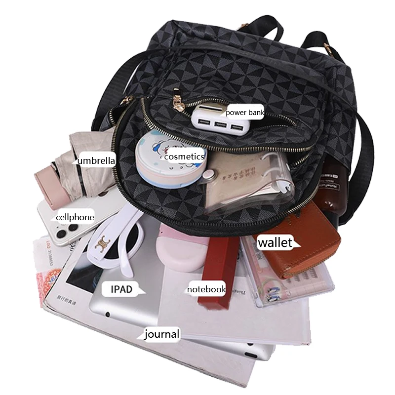 Mochila de PU suave con estampado para uso diario, almacenamiento multicapa, correa ajustable, bolso de moda para mujer, estilo casual para la calle