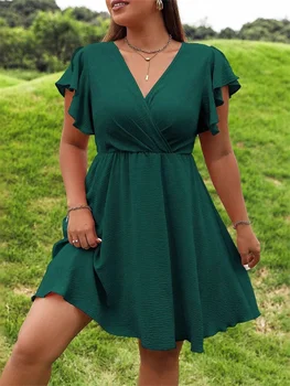 Wmstar Plus Size Dresses for Women 2025 Summer Sweet Elegant V Neck Summer Holiday Midi Dresses Wholesale Dropshipping XL-5XL 2