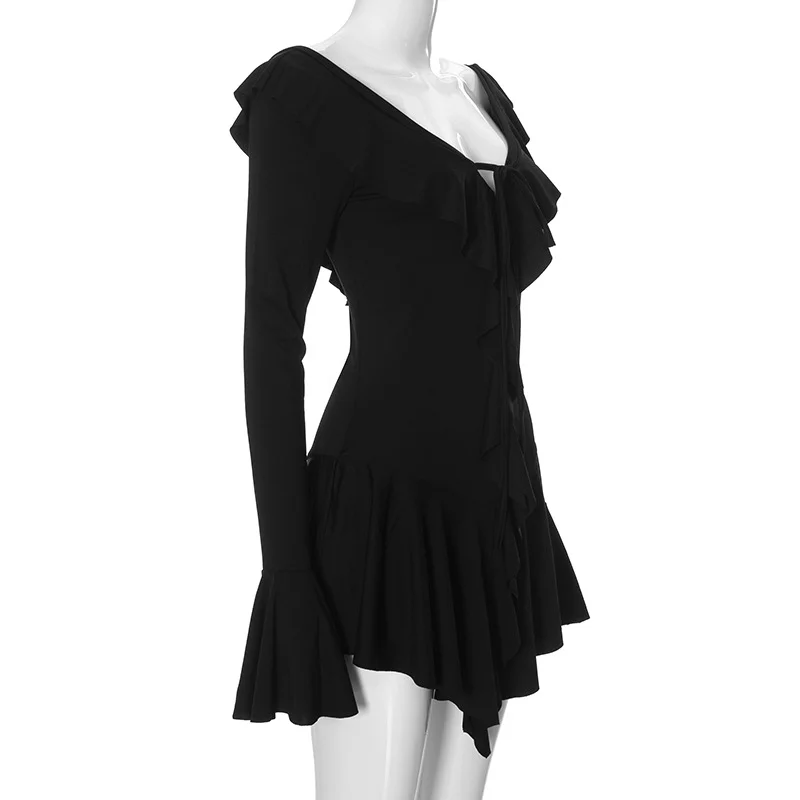 ABRT – Vestido feminino de manga comprida com decote em V, ombro de fora, babado, em camadas, bodycon, mini vestidos
