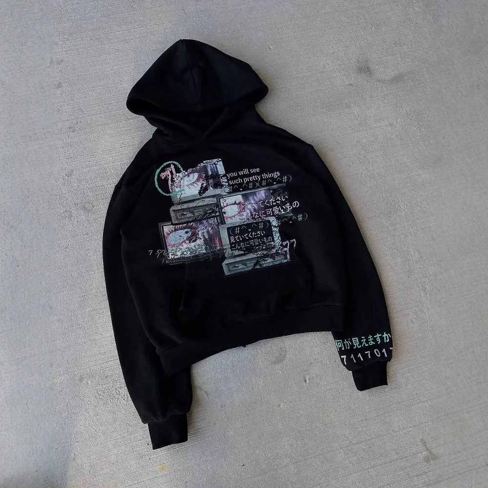 Street Style Long Sleeve Hoodie Sweatshirt Dark Print European And American Style Y2K Trendy Outerwear For Women