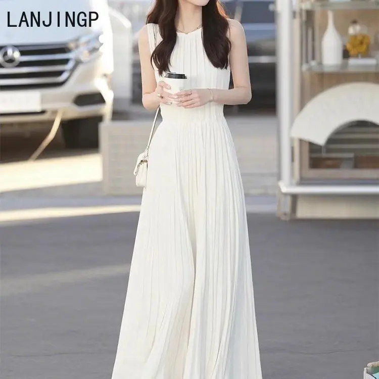 

2025 spring new high-end exquisite gentle style white sleeveless dress vestidos de fiesta Regulai Fit