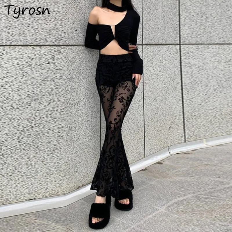 

Casual Boot Cut Pants Women Patchwork Lace High Waist Hollow Out See Through Spice Girls Embroidery Streetwear Breathable Y2K