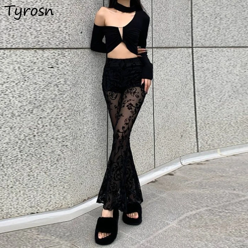 Casual Boot Cut Pants Women Patchwork Lace High Waist Hollow Out See Through Spice Girls Embroidery Streetwear Breathable Y2K