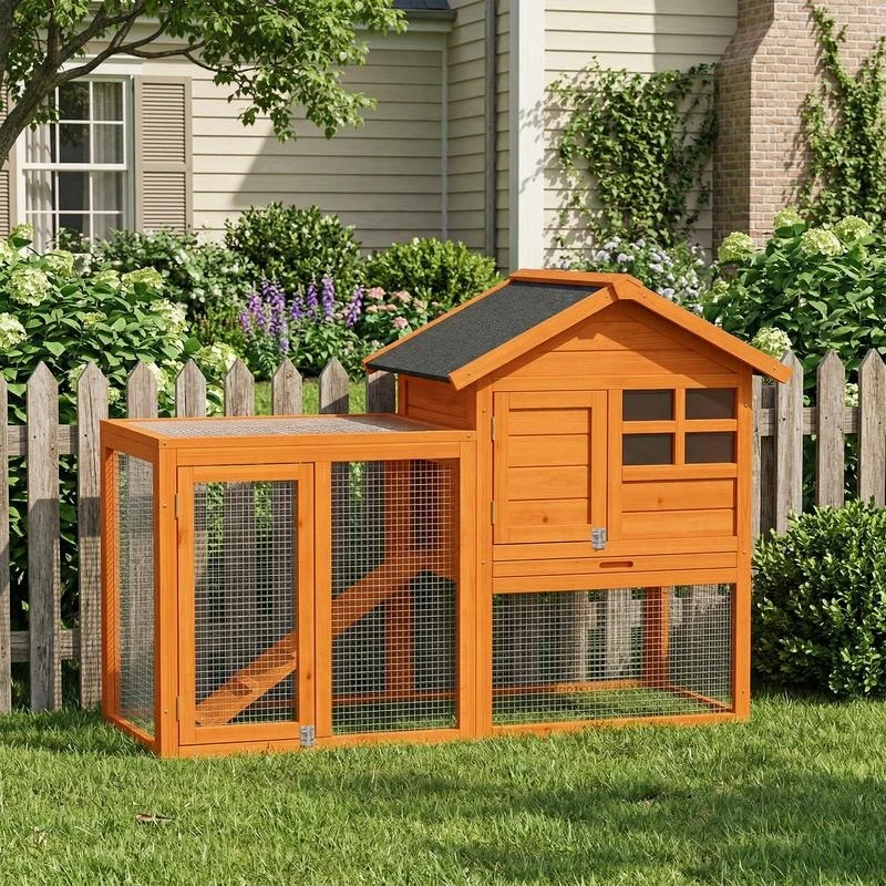Kaninchenstall, Hasenkäfig, 2-stöckig, mit Bitumendach, Außengehege, Rampe, Türen, Holz, 123,5x62,6x92,5 cm, Orange, Robust, Langlebig, Geräumig, für Garten, Terrasse, Balkon, Einfache Montage,