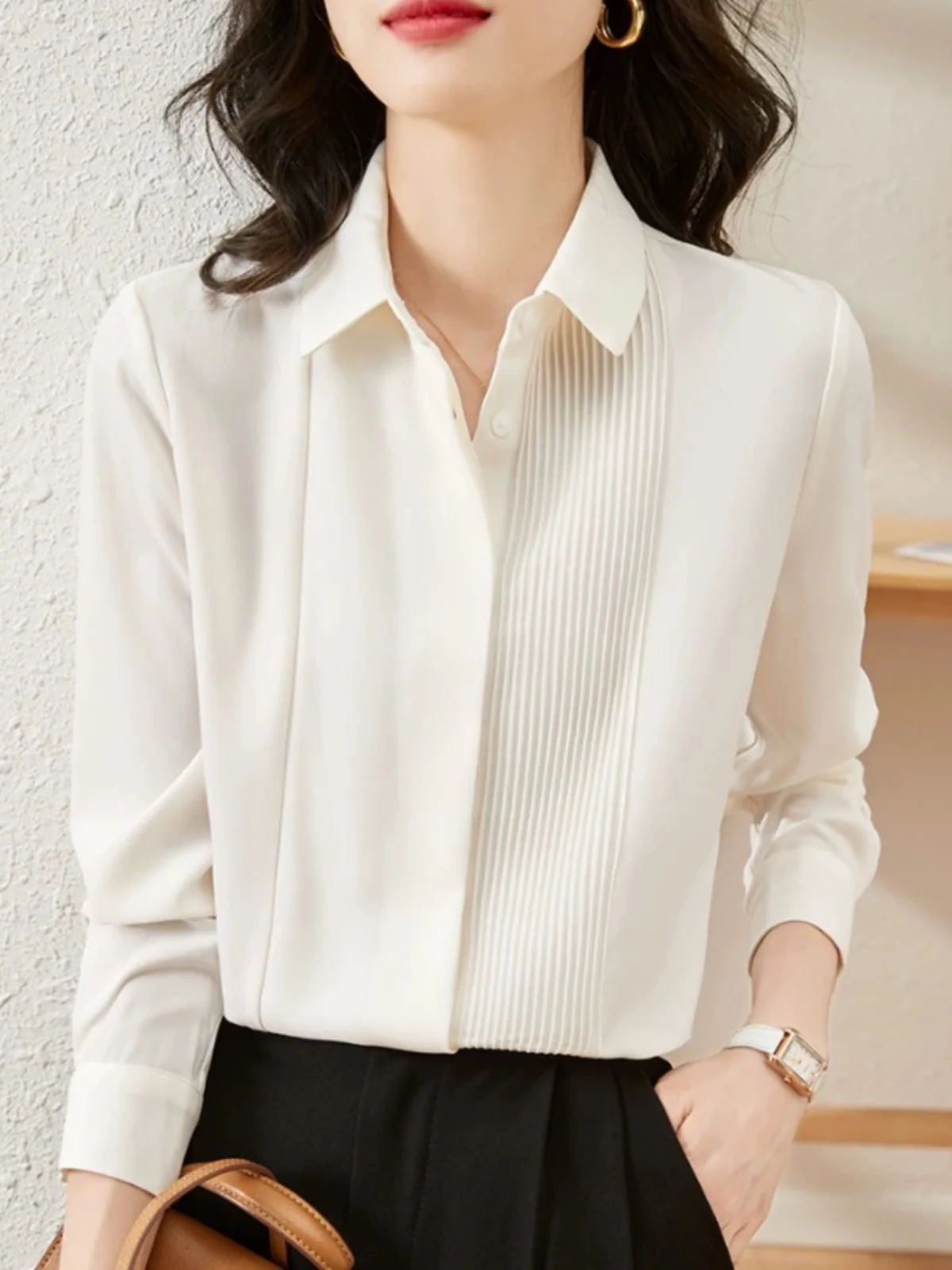 

White Long Sve Women's irt Office Workwear Commute OL Sle Outlet Store Fem Faion Pure Color Collar Straight Cut