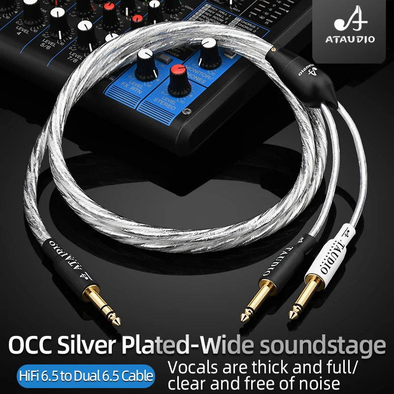 ATAUDIO HiFi 6.5mm to Dual 6.5mm Audio Cable OCC Silver Plated Core 6.5 TRS  to Dual 6.5 TS Cord for Audio Mixer Amplifier