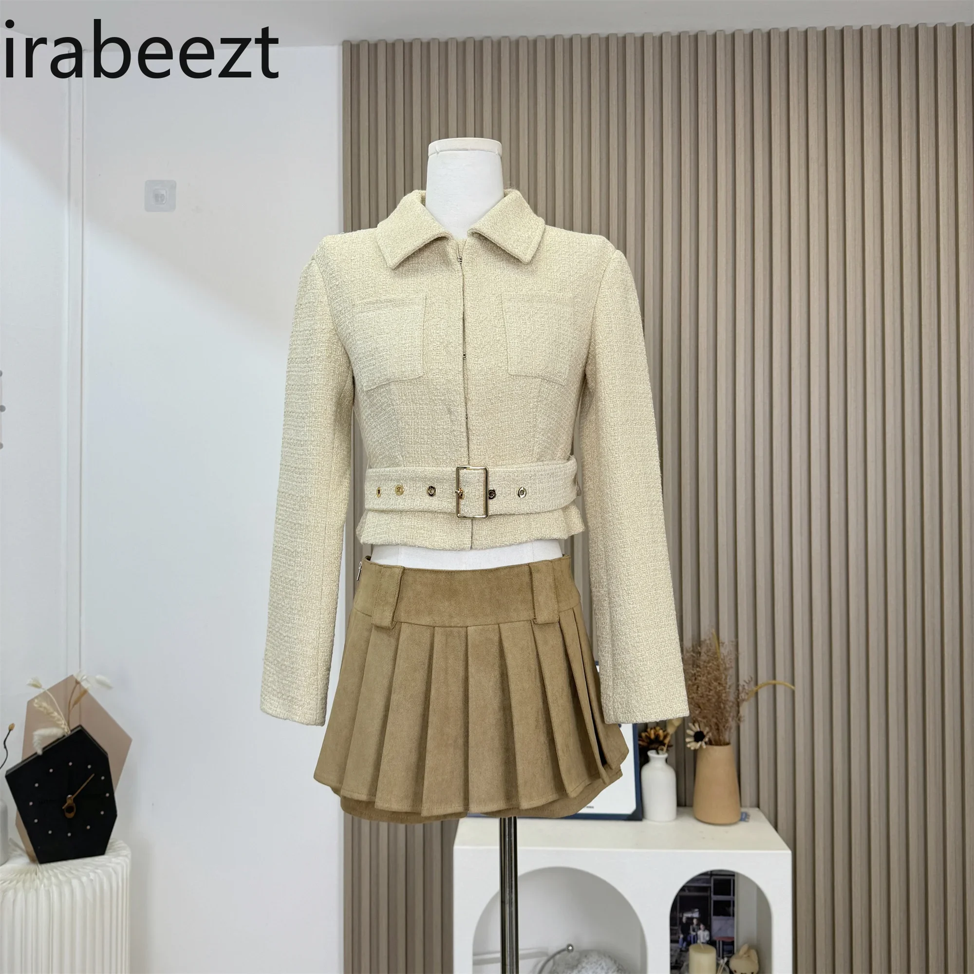 

Women's Beige Short Waistline Jacket Autumn Fashion Jaqueta Feminina Regular Fit Casaco Feminino Solid Color Short Coat