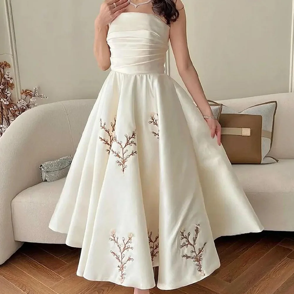 

High Quality A-Line Ankle Length Strapless Jersey Sleeveless Pleats Evening Dress Elegant Photo Color Custom Size Prom Gowns