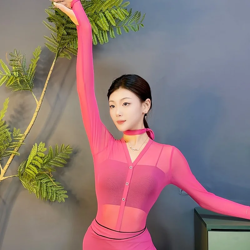 

Sexy Latin Dance Top Leotard Women 2025 Summer Autumn Mesh One Piece Top Adult Modern Ballroom Dance Practice Training Costume