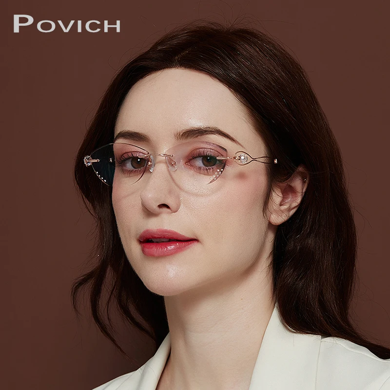 

POVICH Luxurious Women Glasses Frame Rimless Glasses Diamond Cat Eyewear Metal Ultra Light Gradient Color Lens