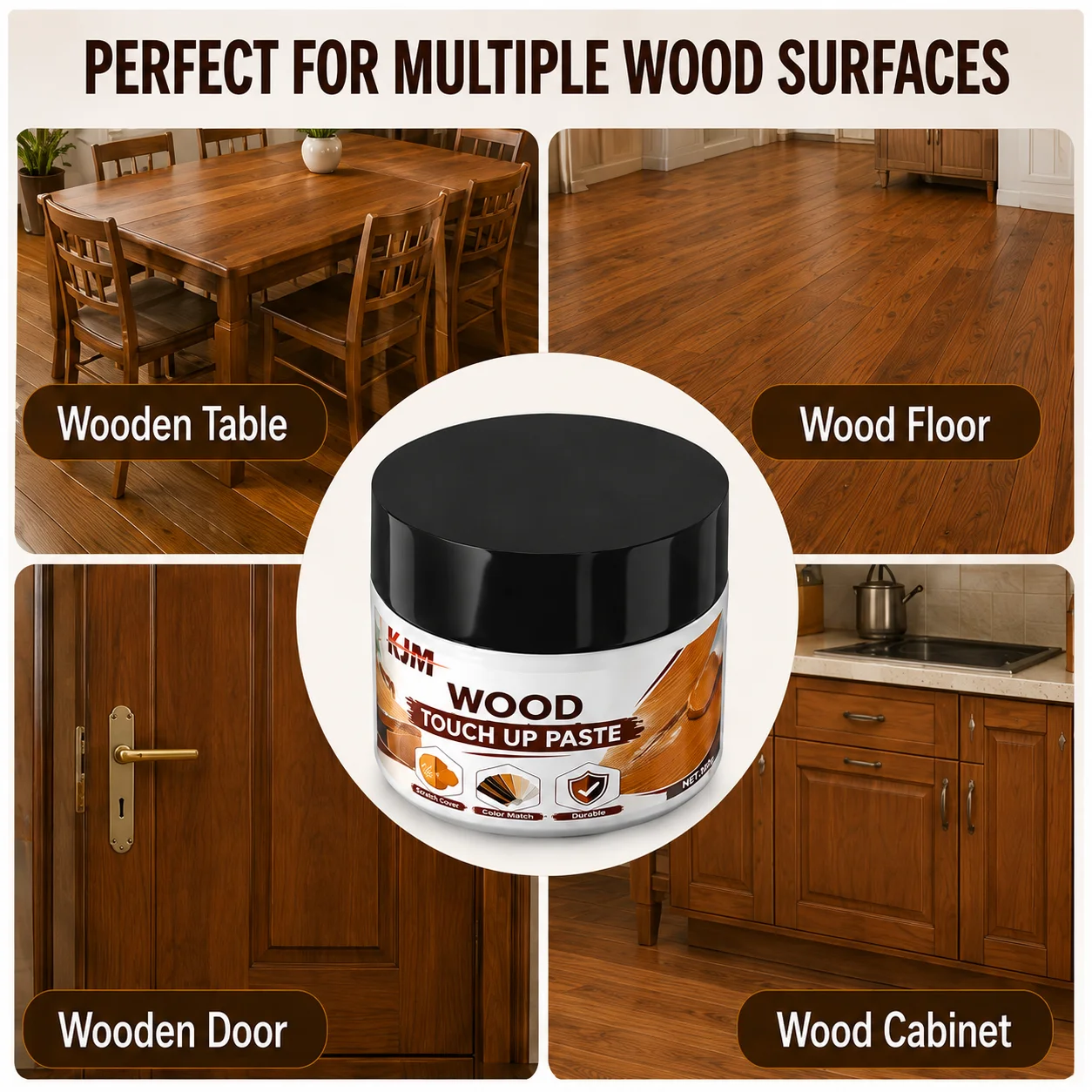 KJM Wood Repair Paste 30g Brown Furniture Scratch Remover Touch Up Cream For Car Interior Wood Trim Table Floor Door Cabinet