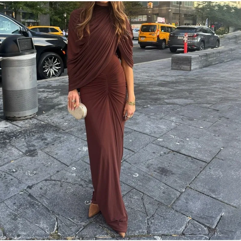 

Fashion Irregular Gauze Folds Shawl Design Slim Fit Fashion Dress Women's Winter