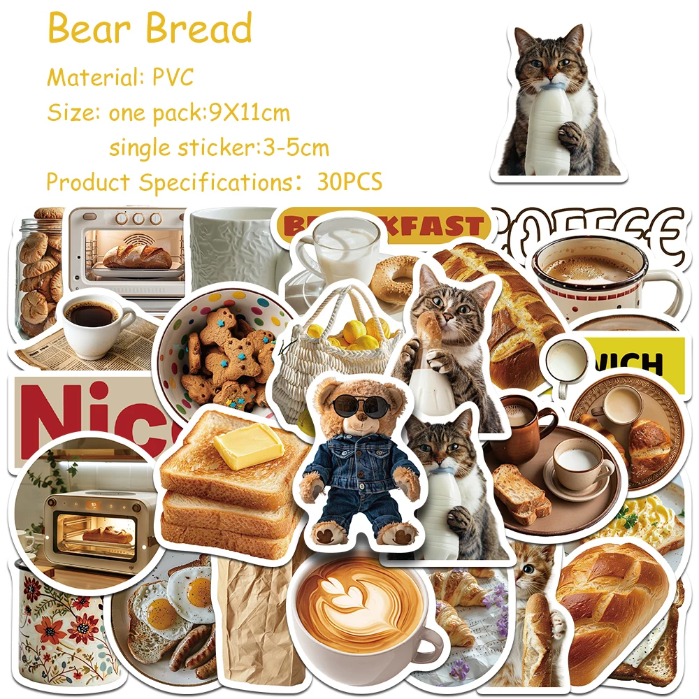 30pcs Cartoon Cute Bear Bread Sticker Pack Decals For Laptop Scrapbook Suitcase Refrigerator DIY Aesthetic Waterproof Stickers