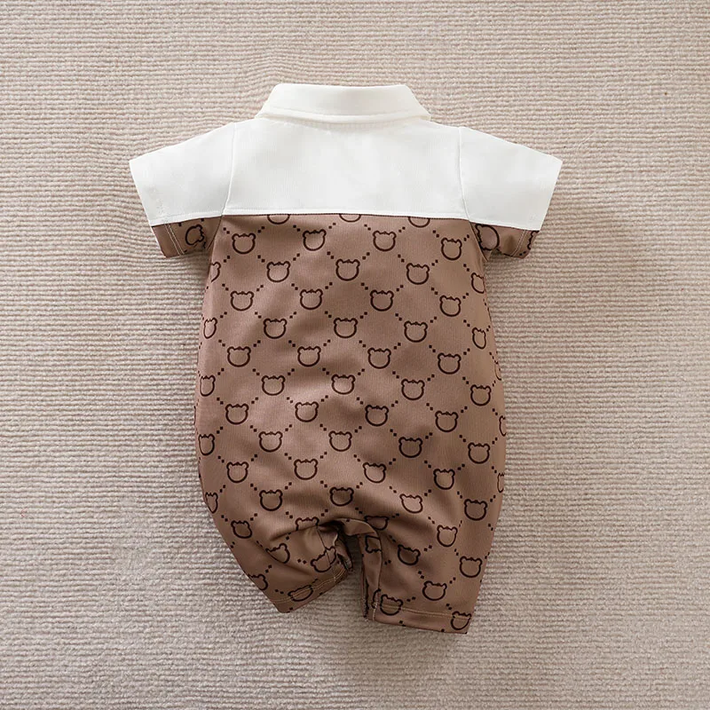 Newborn Baby Boy Girl Toddler Clothing Jumpsuit Casual Cartoon Patchwork Bear Comfortable Summer Khaki Short Sleeved Jumpsuit