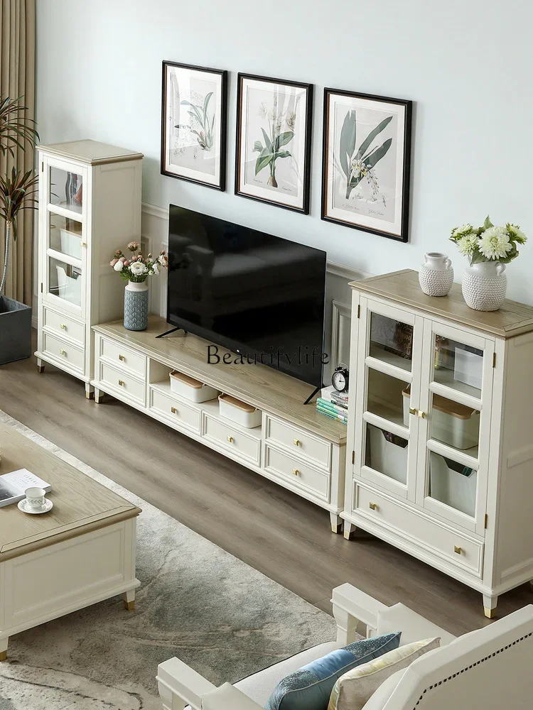 American solid wood wine cabinet living room furniture high-grade gray white color matching furniture