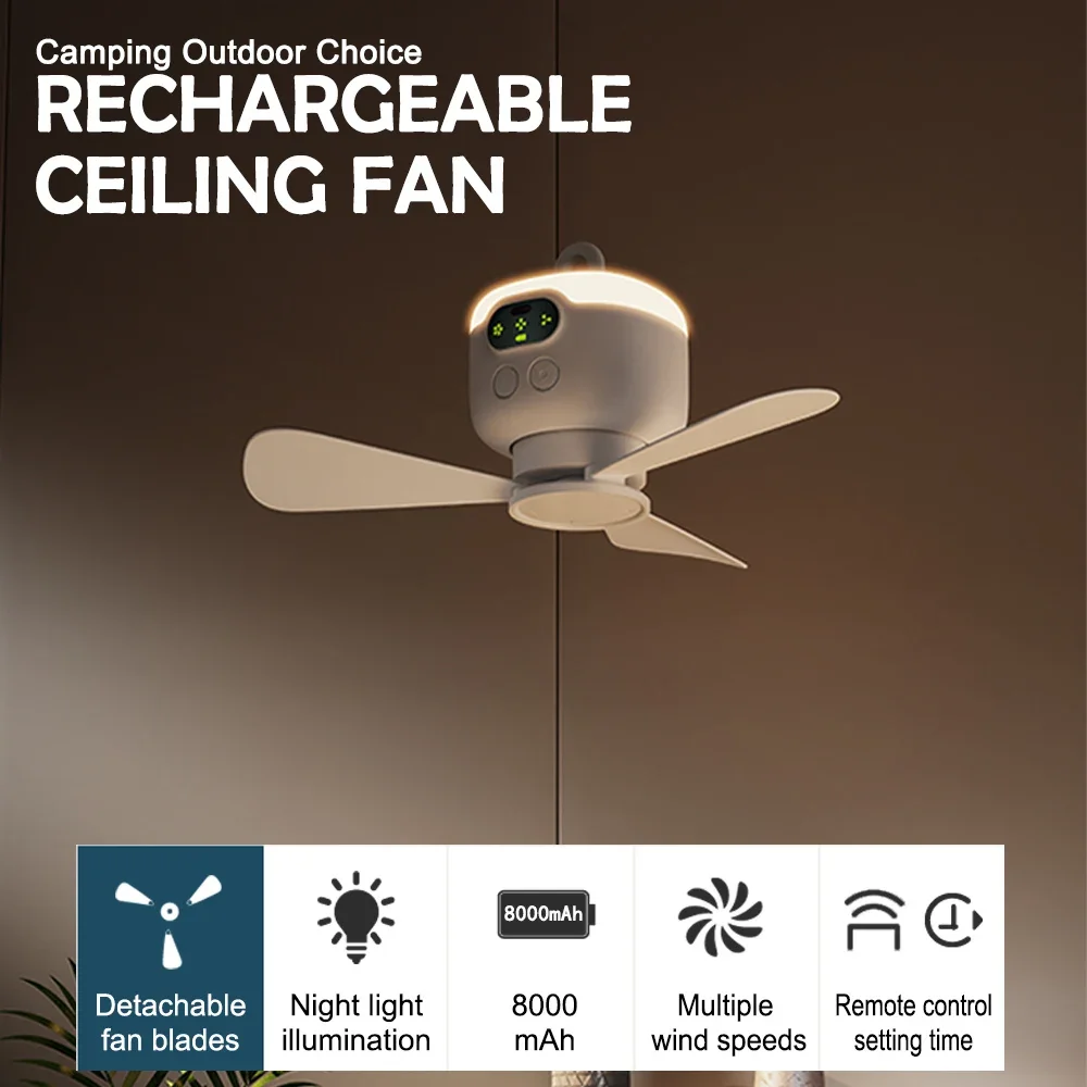 USB Rechargeable Mini Ceiling Fan Dormitory Home Remote Control Quietly Ceiling Fan Light Outdoor Camping Fan with Night Light