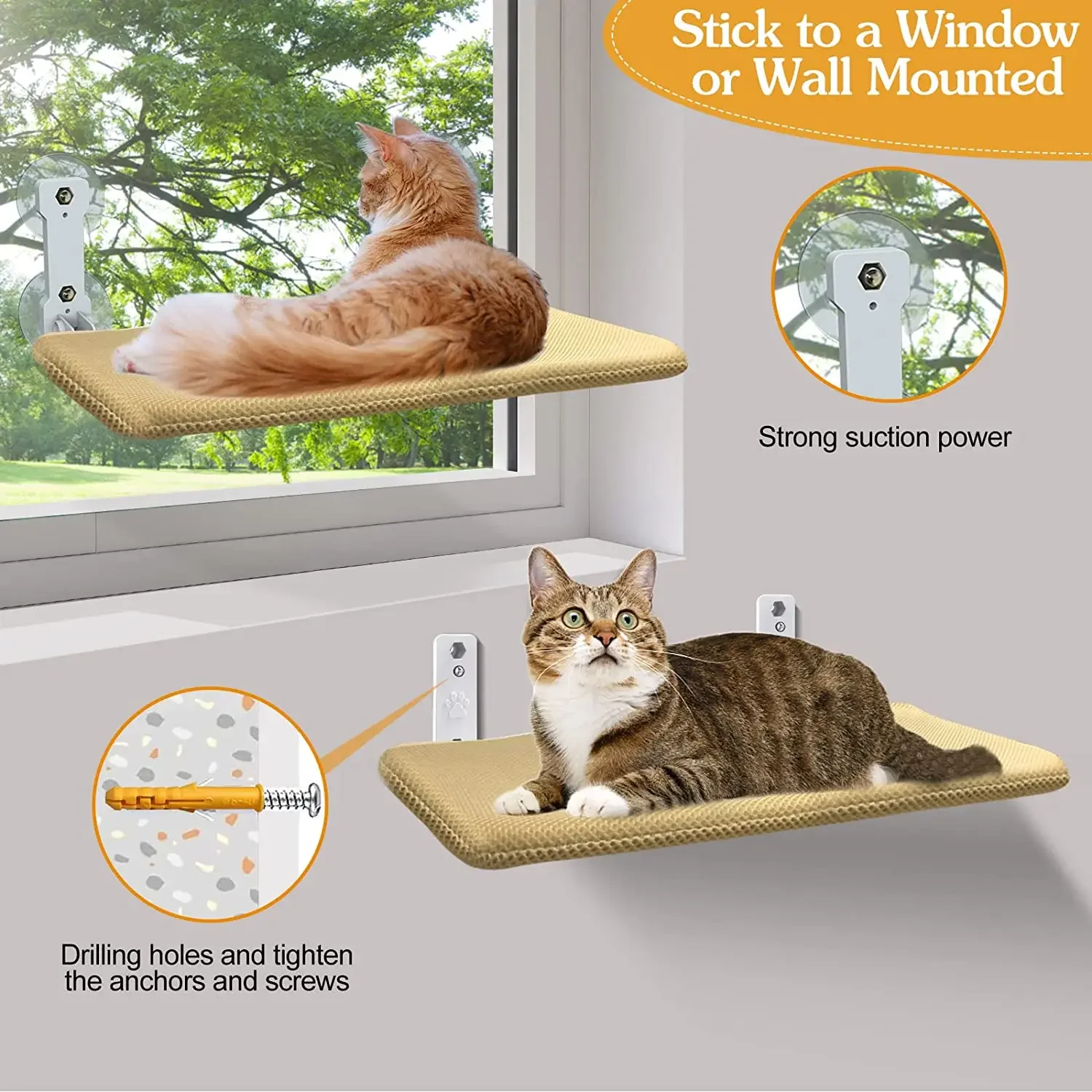 

Foldable Cat Window Perch Cordless Cat Window Hammock with 4 Strong Suction Cups Windowsill Cat Beds Seat for Indoor Cats Inside