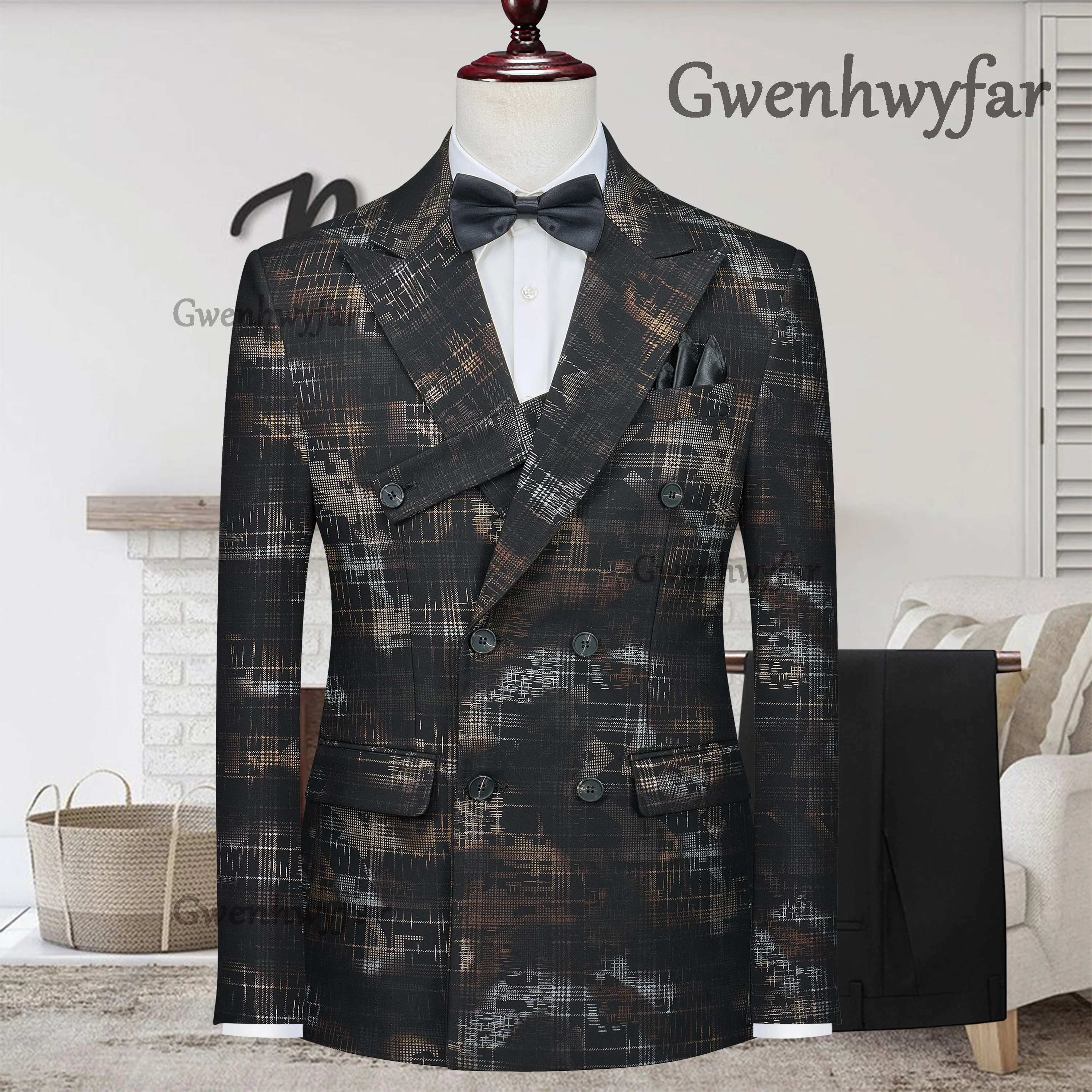 

Gwenhwyfar Мужской 3-х предметный смокинг с цветочным принтом, жаккардовый тонкий костюм, пиджак с узором пейсли, жилет и брюки для выпускного свадебного костюма на заказ