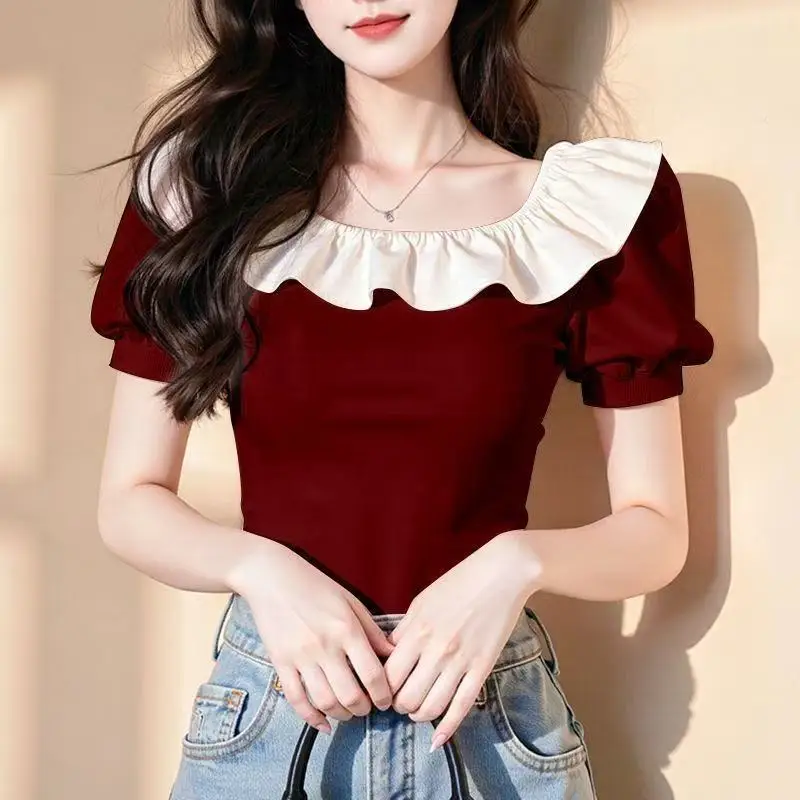 

Unique Beautiful Splice Lace ort Sve T-irt Women's Summer New Sle Age Reduction Polyurethane Elastic Fiber Blouse