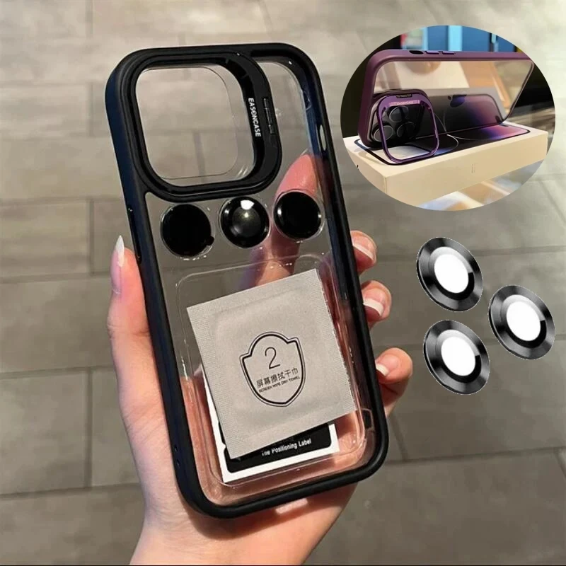 

Lens Metal Ring Protector Stand Phone Case For IPhone 11 13 12 14 15 Pro Max Plus Camera Glass Lens Protection Transparent Cover