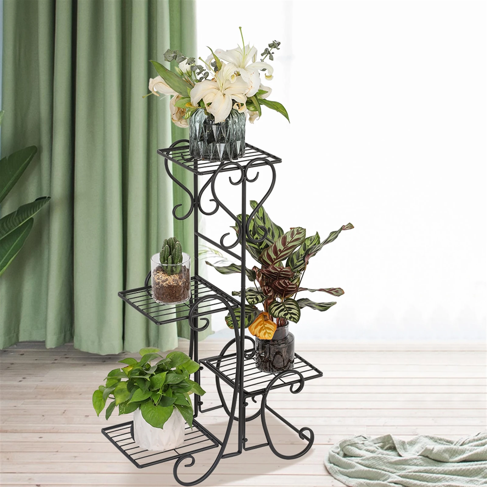 4 Potted Square Flower Metal Shelves Plant Pot Stand Decoration for Indoor Outdoor Garden Black