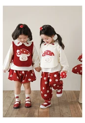 Girls' New Mushroom Print Flip Collar Shirt Children Vest Sets