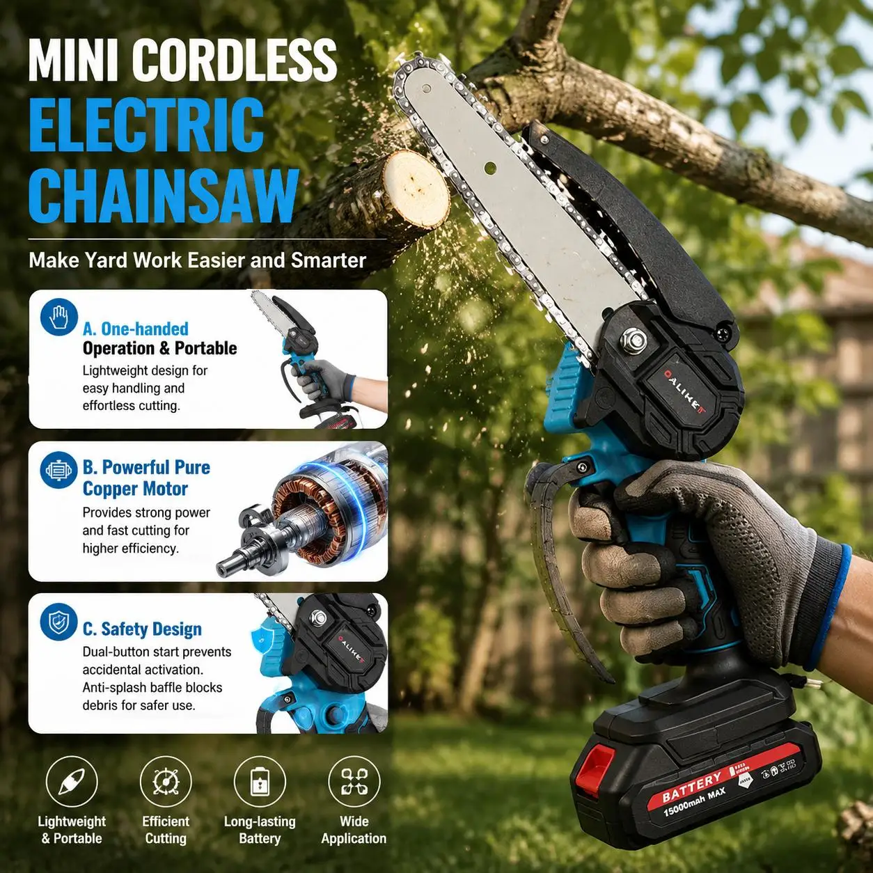 Cordless Electric Chainsaw 4 6 Inch Rechargeable Handheld Pruning Saw with Battery Powered Mini Woodworking Tool For Garden Tree Branch Trimming And Cutting In Backyard And Outdoor Use High Performance Portable Power Tools Kit