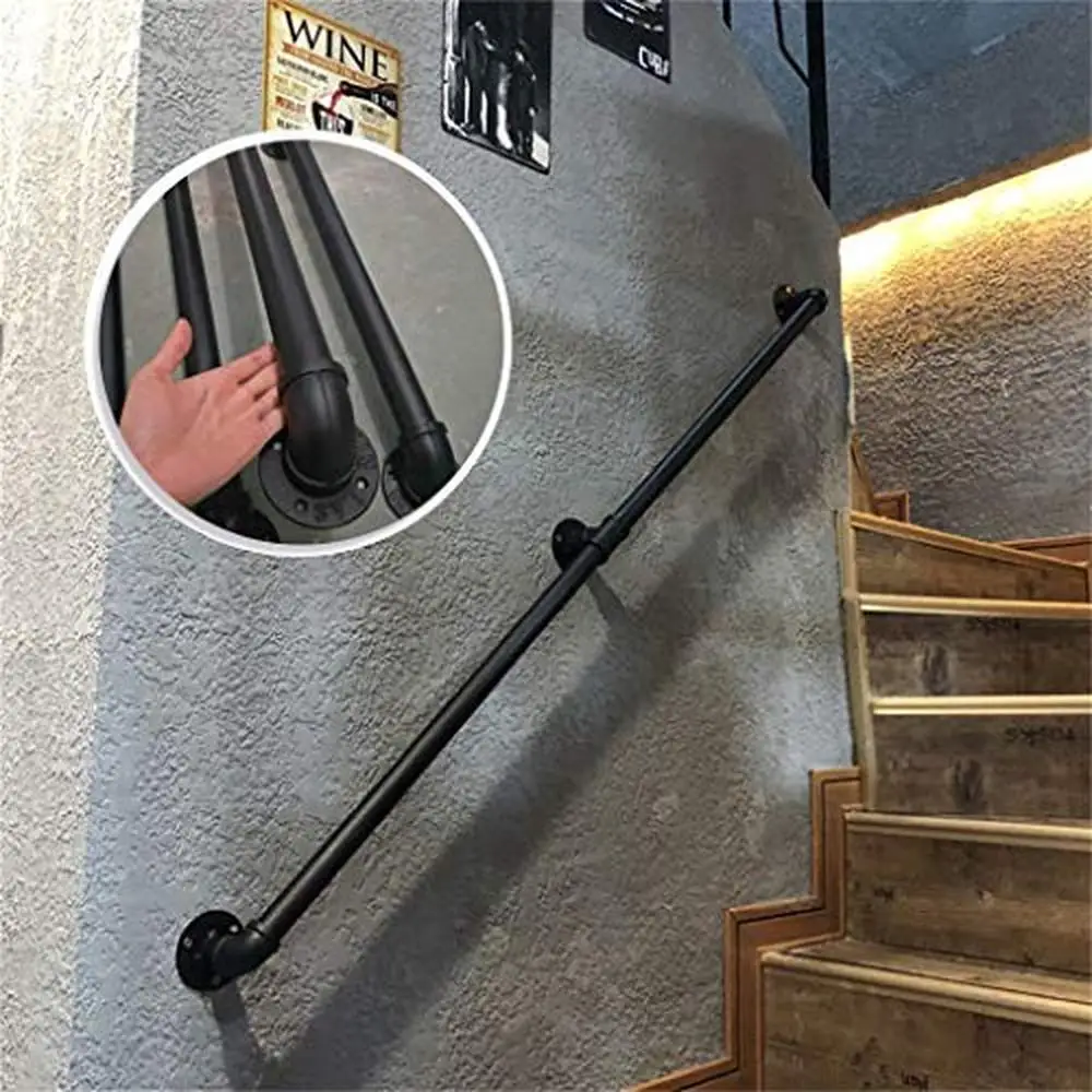 9ft Wrought Iron Outdoor Indoor Stairs Handrail Anti-Rust Coating 200kg Capacity DIY Install Black Balustrade Fence Decking