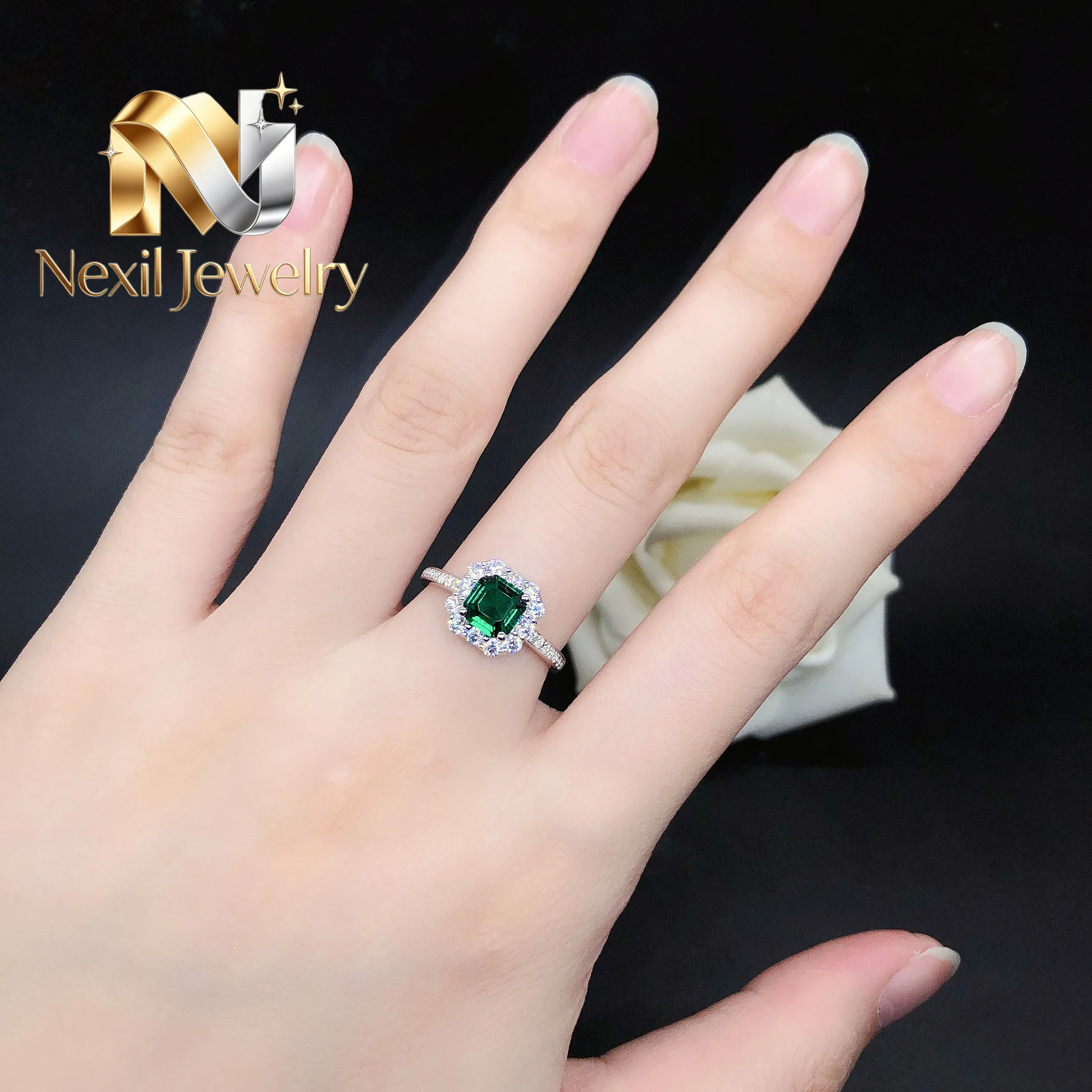 

Nexil Jewelry 1Ctw 6*6mm Radiant Lab Created Emerald Diamond Ring Solid 14K White Gold Jewelry for Women AU585 Wedding Band R1