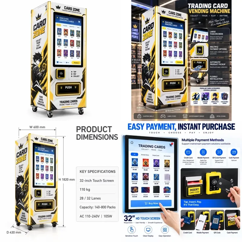 Commercial TCG Vending Machine Free Standing Trading Card Dispenser with Large Touch Screen for Card Packs