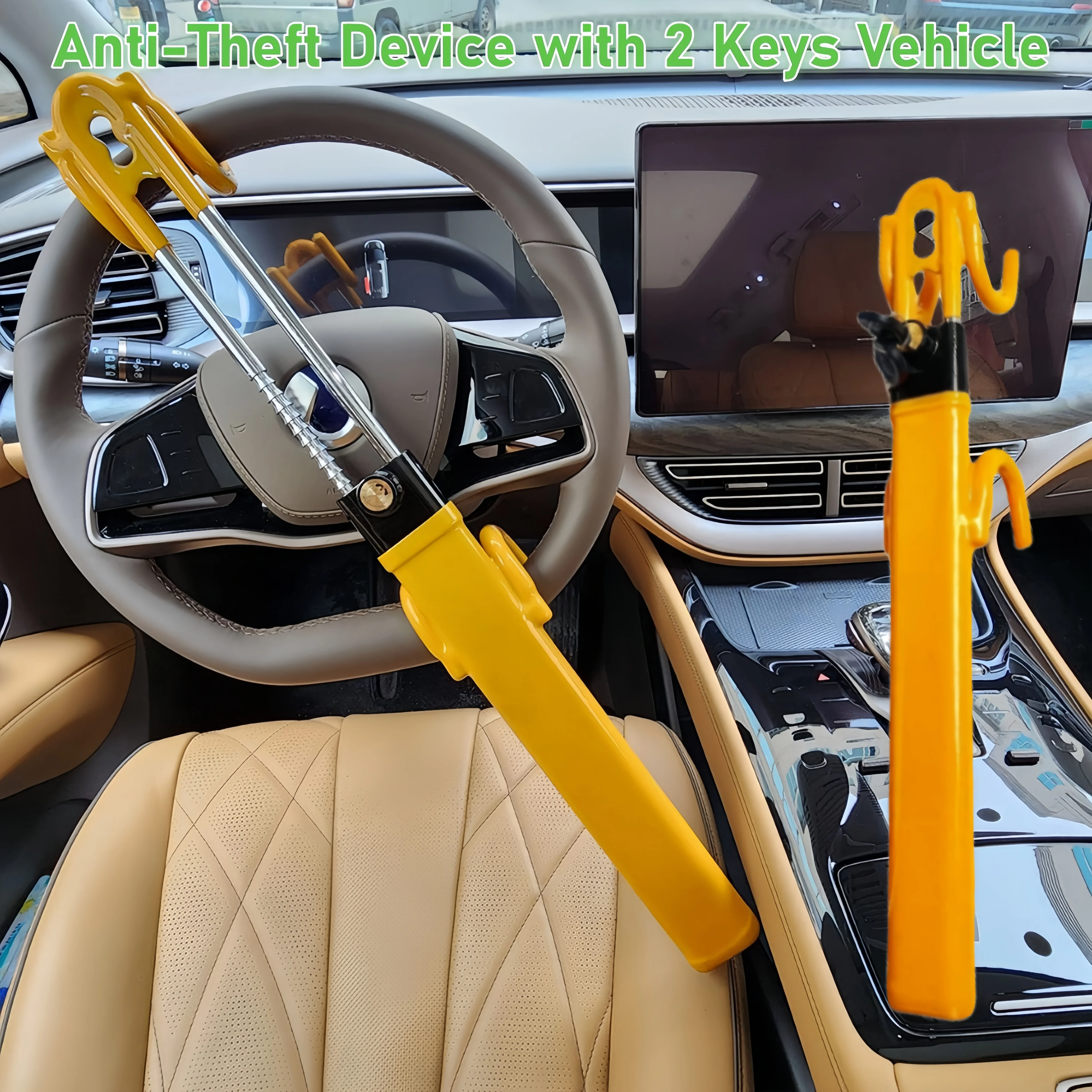 

1PC Universal Steering Wheel Lock with 2 Keys Double Hooks Retractable Anti-Theft - Stainless Steel T-Bar Immobiliser for Cars T