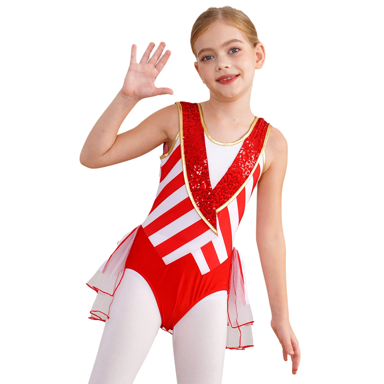 Kids Girls Sequins Christmas Elf Costume Sleeveless Stripes Gymnastic Leotard Ballet Tutu Xmas New Year Festival Party Dancewear