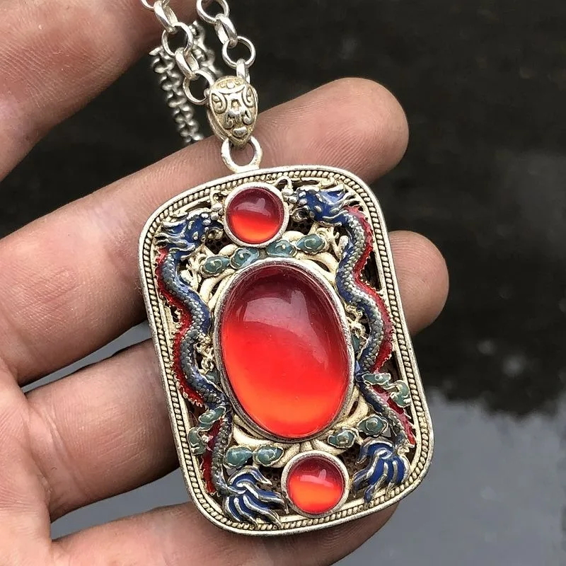 Antique Qianlong Style Cloisonne Double Dragon Playing Pearl Copper Pendant with Red Beads and Chain