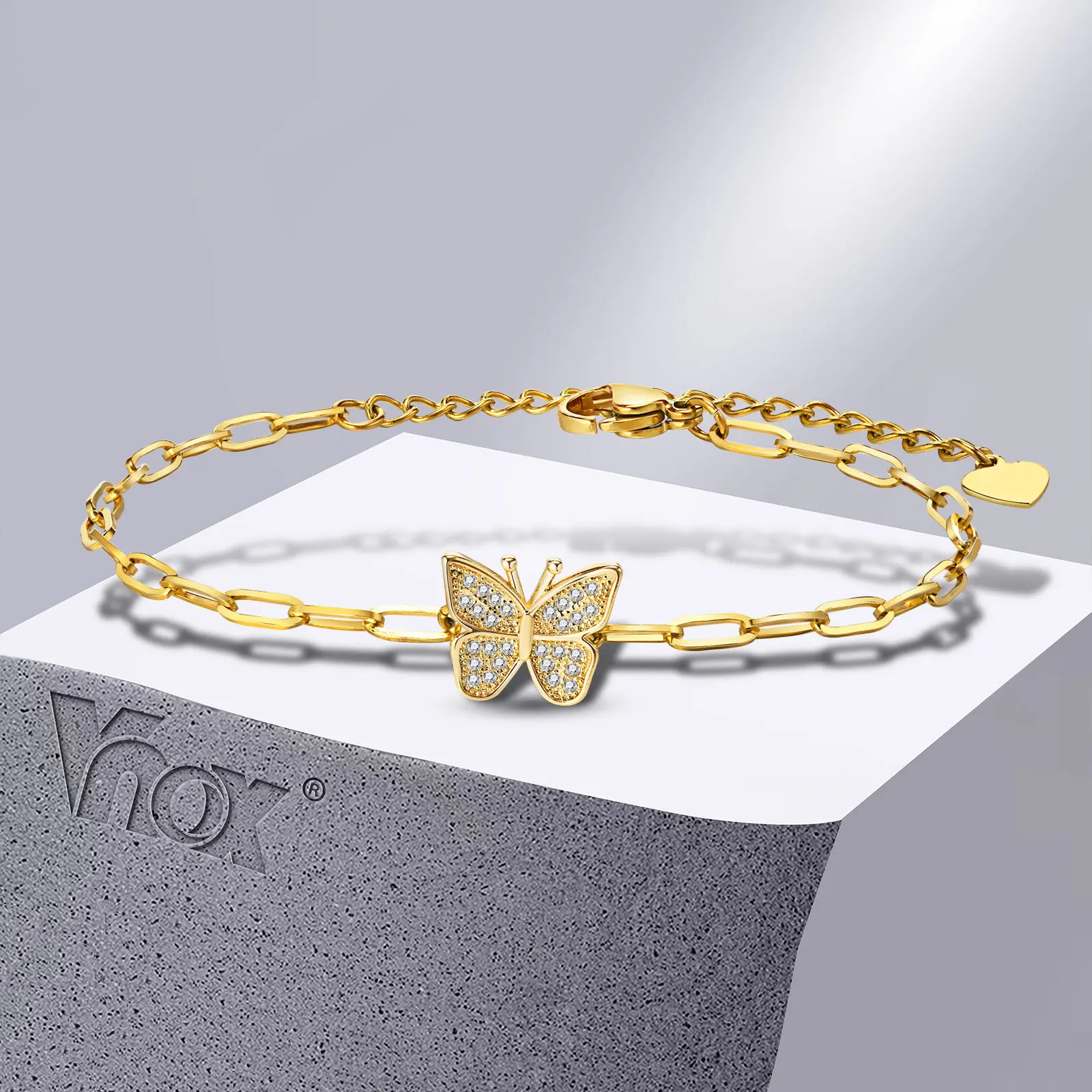 Vnox Elegant Butterfly Bracelets for Women,Gold Color Stainless Steel Link Chain Wristband with Heart Star Bling Cubic Zirconia