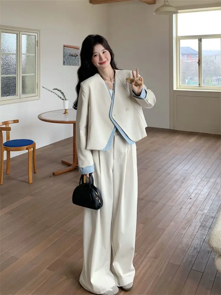 

Fake Two Piece Suit Jacket Wide Leg Pants Set Spring/Autumn Korean Fashion Loose Casual Two Piece Sets Women Outfits