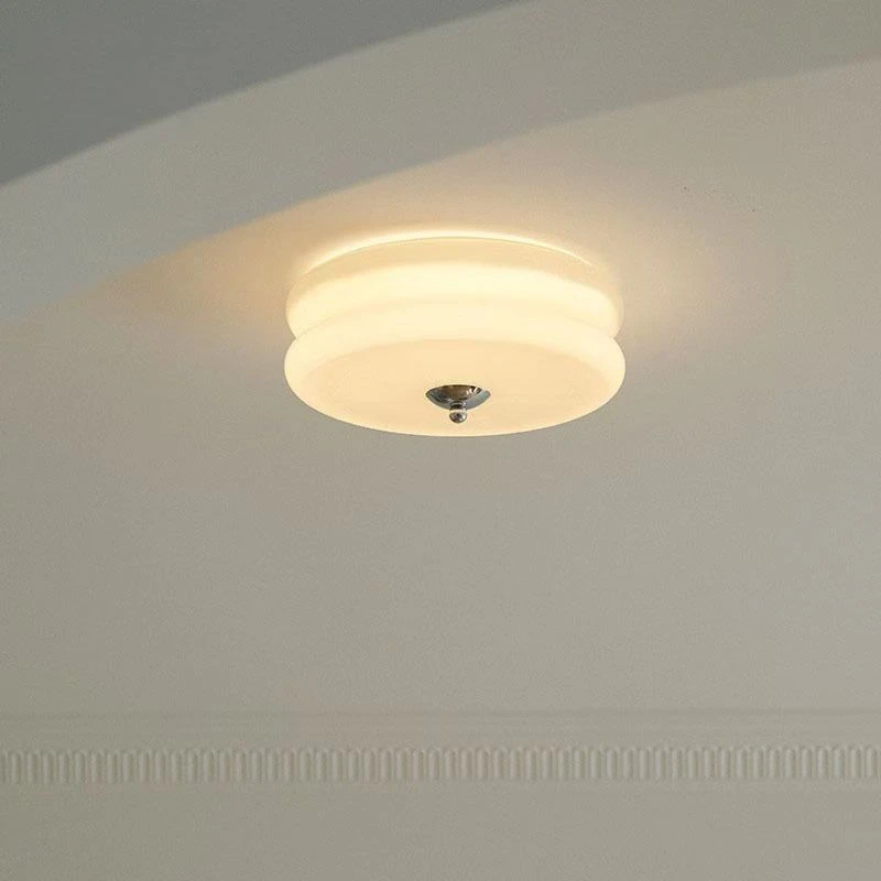 Vintage Milk Glass Ceiling Light Retro Cream White Flush Mount Ceiling Lamp With Chrome Accent For Bedroom Living Room Hallway
