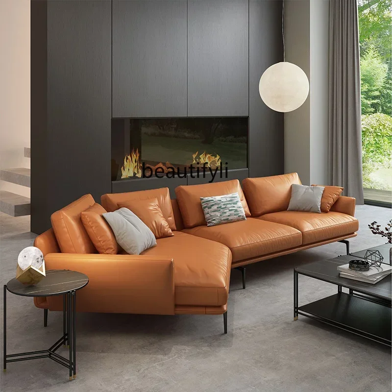 Corner leather sofa first layer cowhide light luxury Nordic modern simple living room Italian minimalist creativity